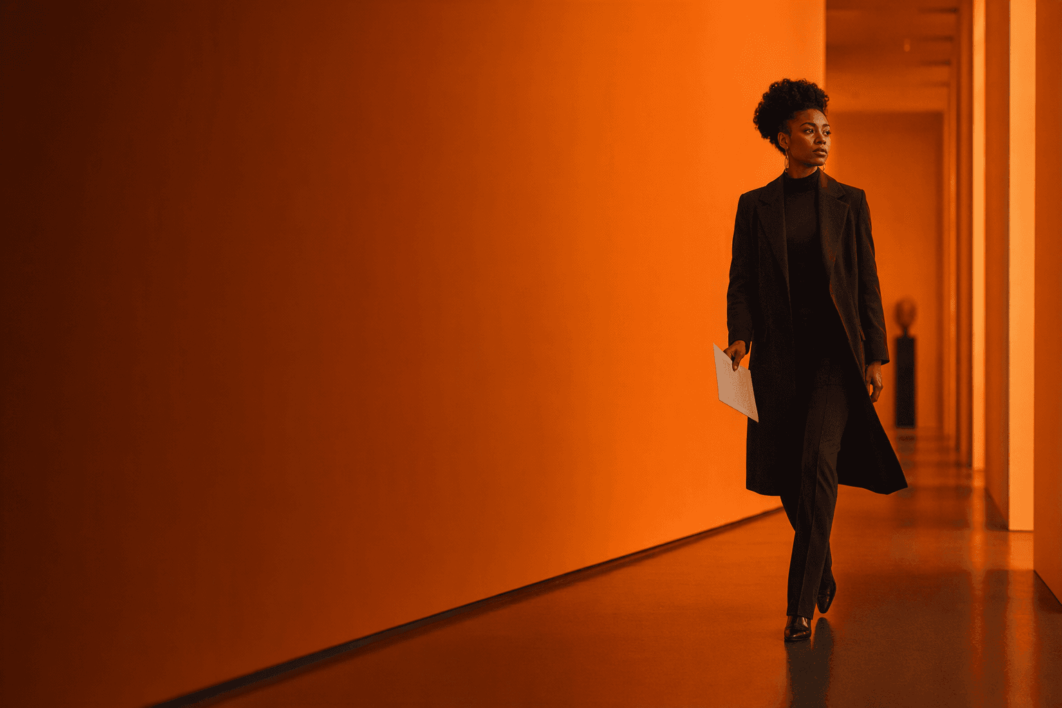 A woman walks through an orange gallery carrying her resume.