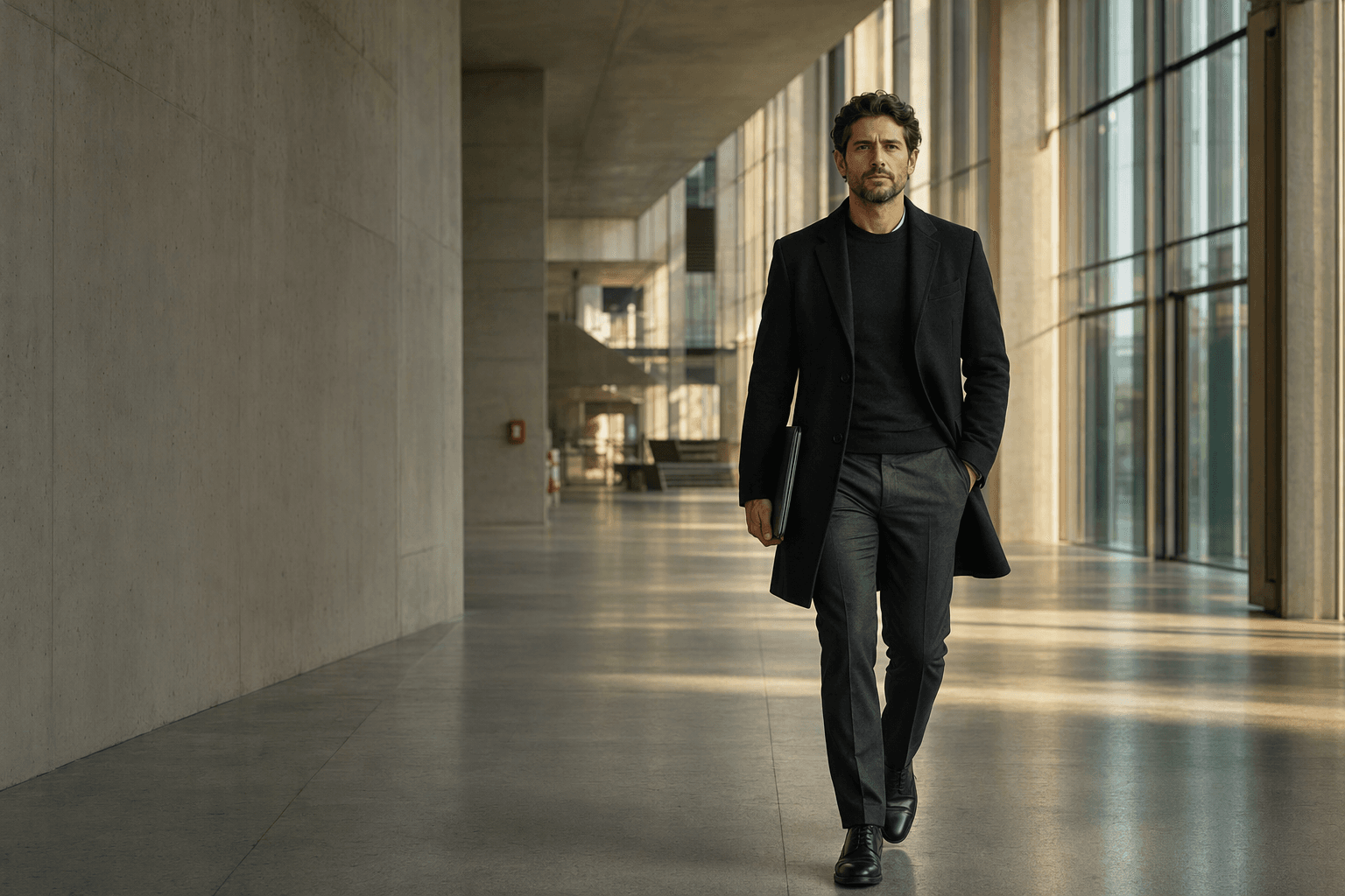 A candidate walks toward the viewer through a light-filled contemporary atrium.